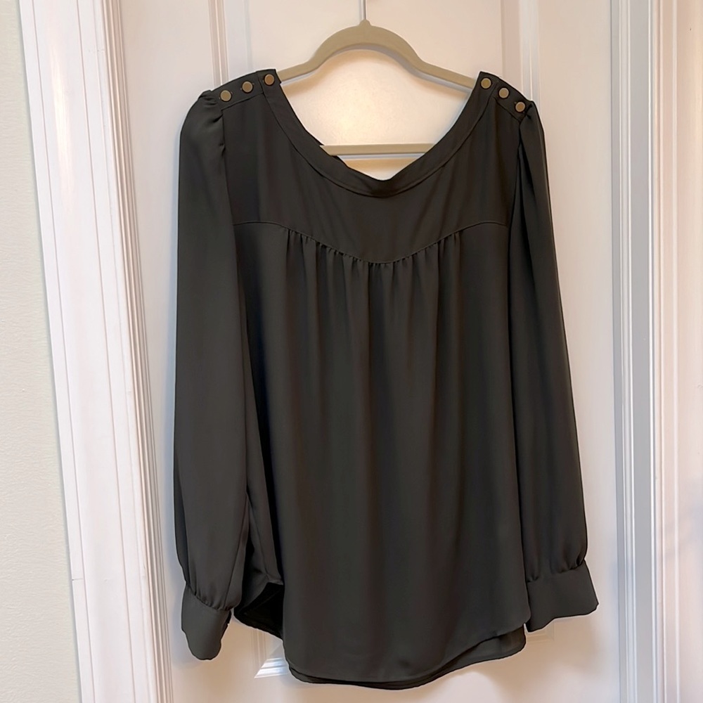Loft olive green long sleeve blouse, brushed gold buttons